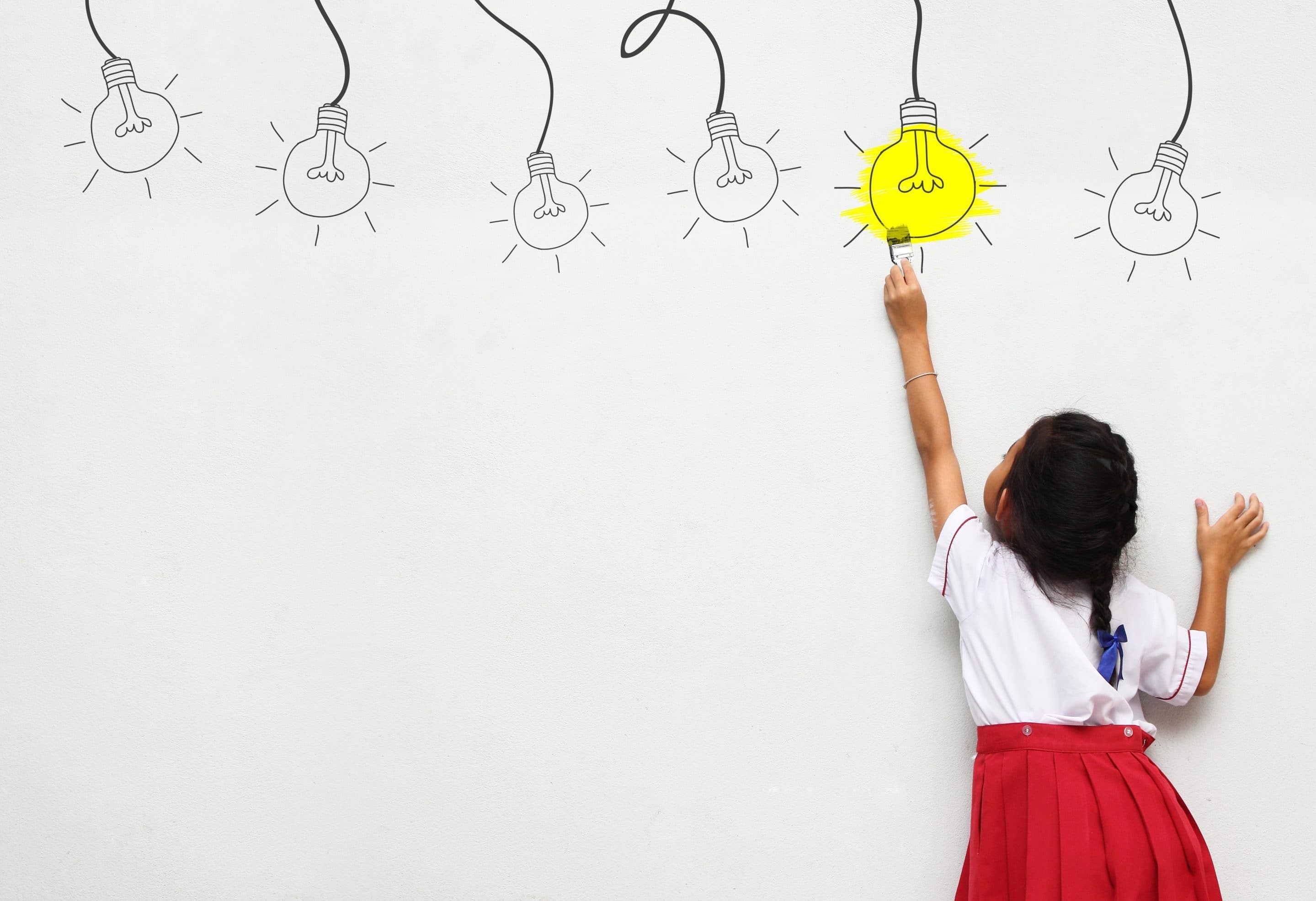 Little,Girl,With,Paintbrush,Creative,Drawing,Light,Bulb,Ideas,On
